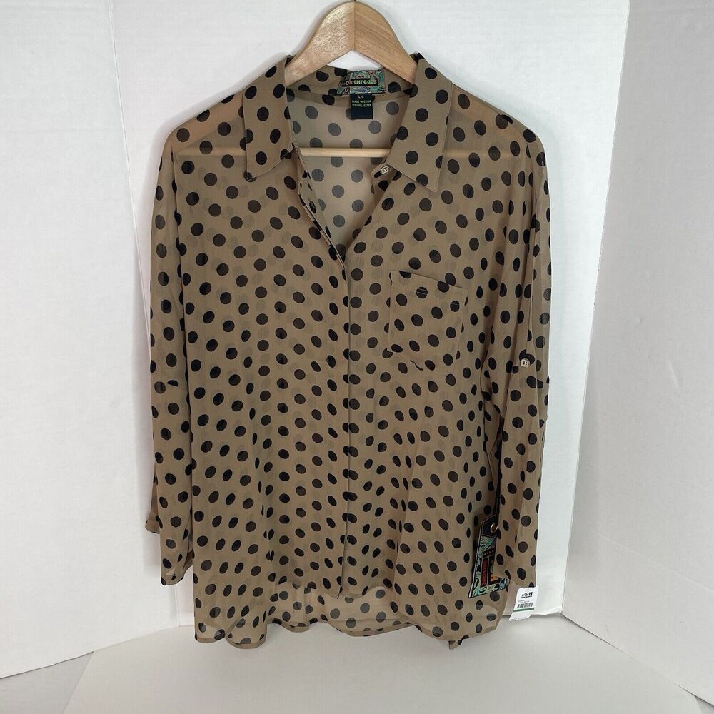 New 2OH Threads Blouse Top, Large, Khaki Polkadot, 2W39003, Button Up